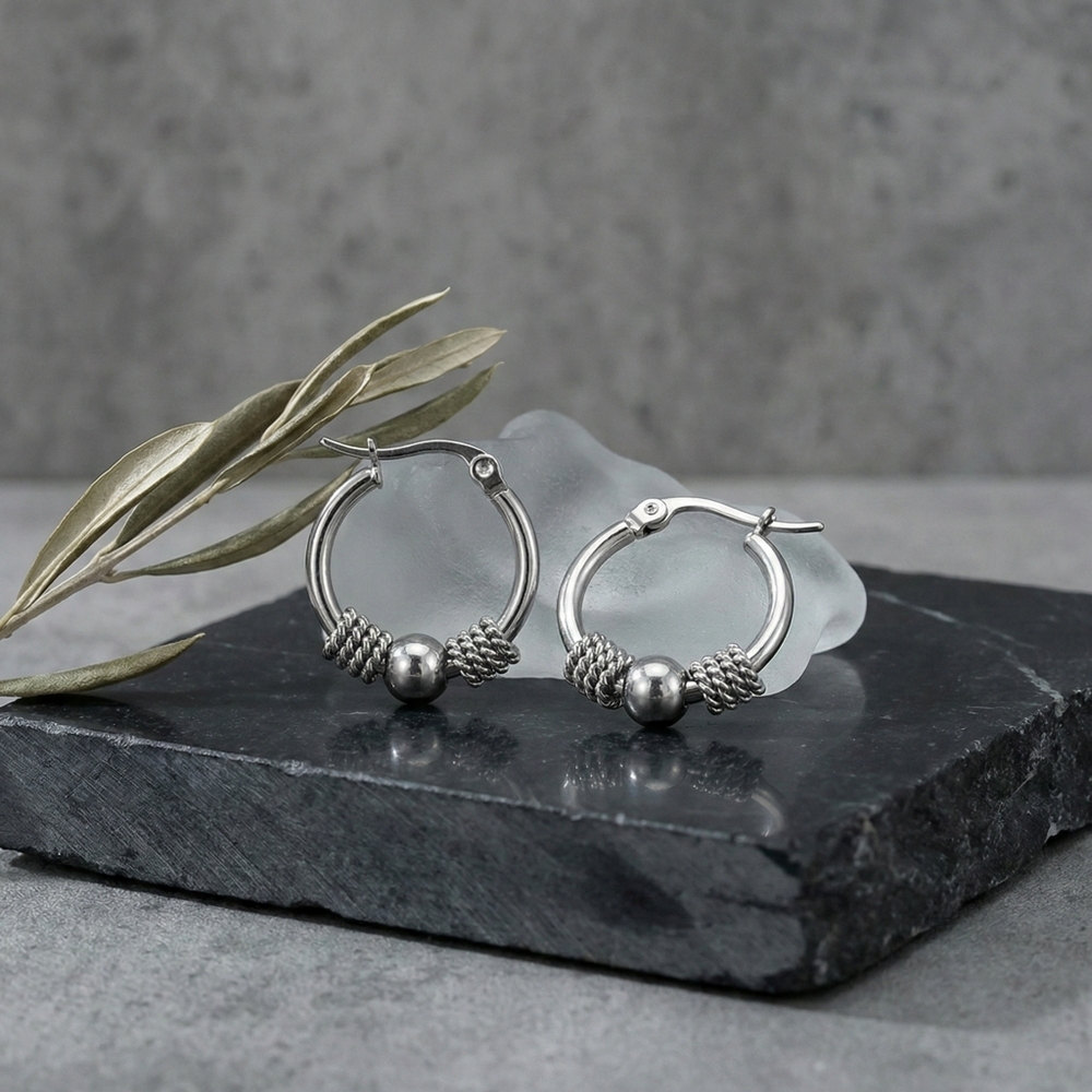 Silver Beaded Hoop Earrings Stainless Steel Textured Boho Minimalist Huggie 0.9" - Picture 6 of 15